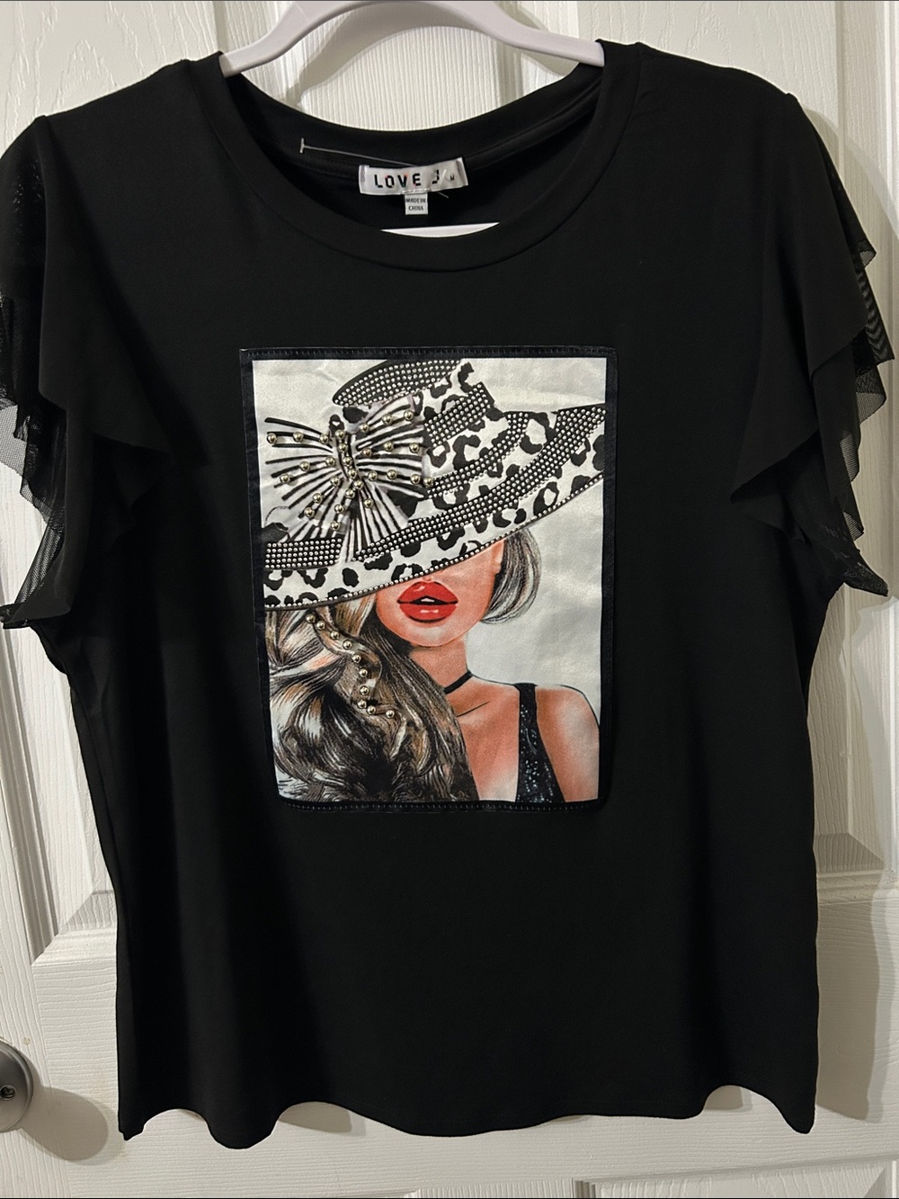love J Black Graphic Tee with Ruffle Mesh Sleeves